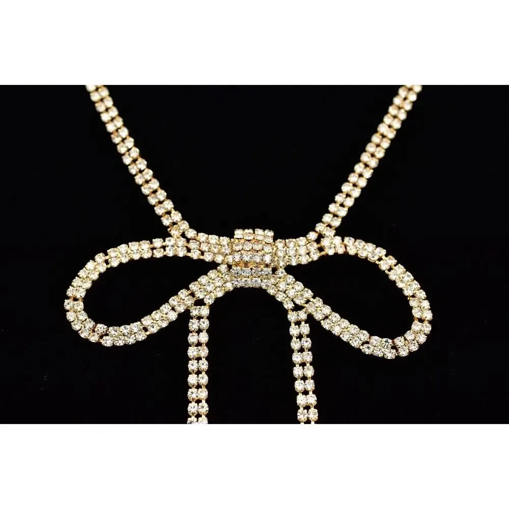 Vintage Statement Bow Tie Collar Necklace Chain Rhinestone Gold Tone Y2K BinBJ